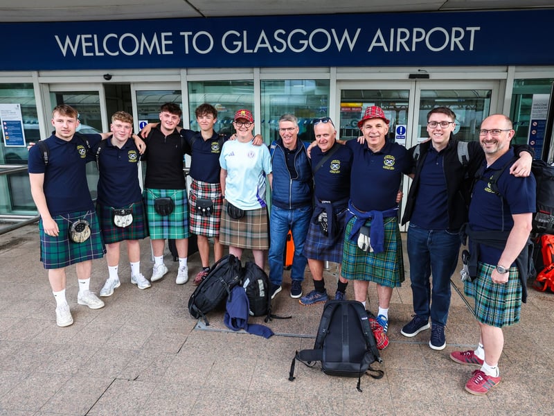 A group of Scotland fans are geared up to revel in the World Cup atmosphere as they head to the tournament from Glasgow Airport.