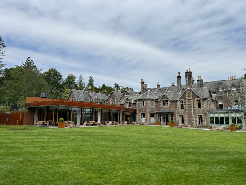 The hotel exterior with the new Garden Room restaurant extension