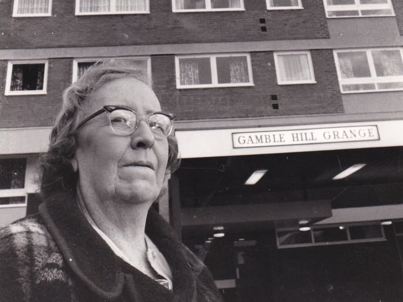Joan Witt, one of the volunteer vandal watchers outside Gamble Hill Grange flats in November 1975. "There will be no need to take the law into our own hands," she said. "We will simply nip trouble in the bud. It may well be the solution to similar problems at other flats."