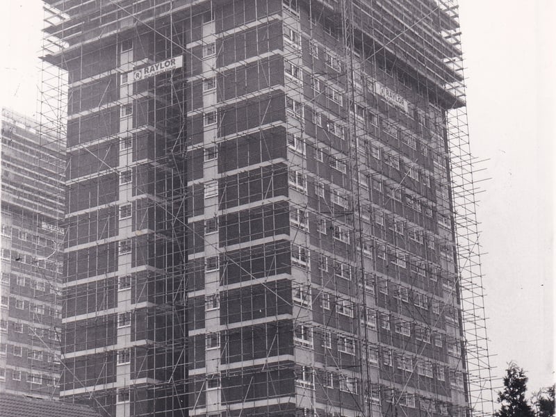 Scaffolding surrounds Gamble Hill Grange flats in November 1974.