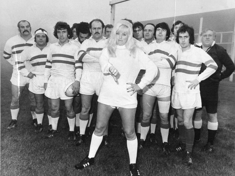 Actress Diana Dors pictured at Bramley RL club's McLaren Field ground in December 1972 where Yorkshire TV were filming a new comedy TV series.