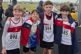 The Galway City Harriers team that won gold in the Boys U-11 4x 100m relay in a new championship record time, from left: James Langan (who also won gold in 60m and the 600m), Donagh Chapple, Conor Gill, and Rian McDermott. 