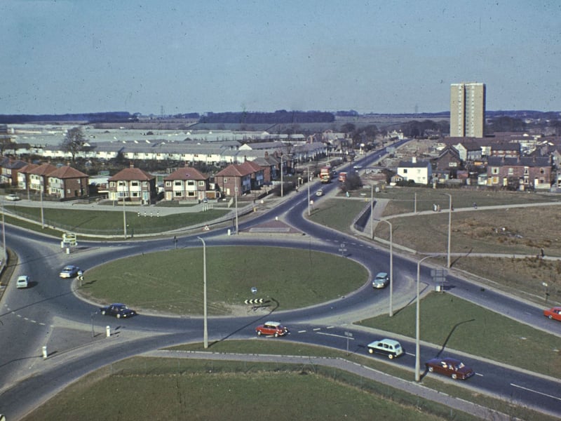 The roundabout at the junction of York Road (bottom left to top centre) and Ring Road (Seacroft) (bottom right to centre left). Coal Road runs above the Ring Road on the left circa late 1960s.