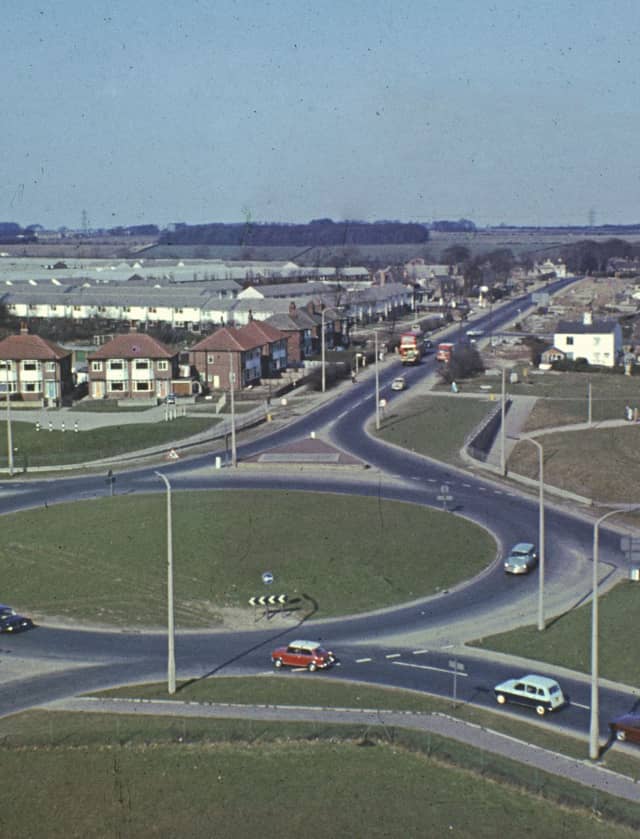 The roundabout at the junction of York Road (bottom left to top centre) and Ring Road (Seacroft) (bottom right to centre left). Coal Road runs above the Ring Road on the left circa late 1960s.