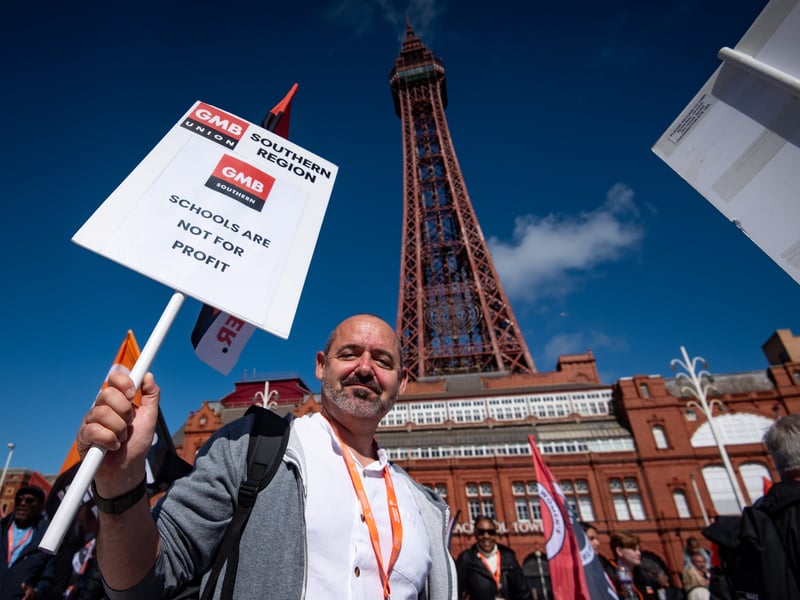 GMB Union members march through Blackpool to demand improvements to the School Support Staff negotiating body from the Government