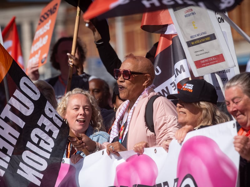 GMB Union members march through Blackpool to demand improvements to the School Support Staff negotiating body from the Government