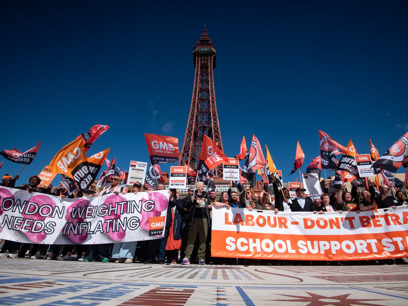 GMB Union members march through Blackpool to demand improvements to the School Support Staff negotiating body from the Government