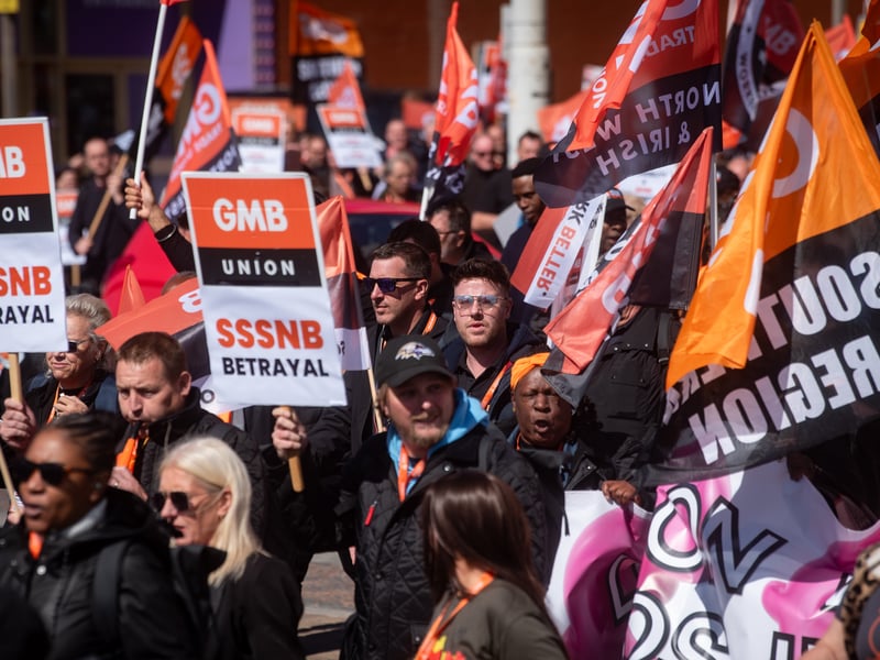 GMB Union members march through Blackpool to demand improvements to the School Support Staff negotiating body from the Government