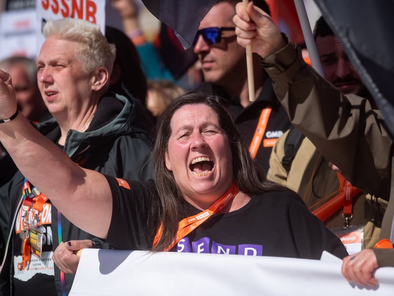 GMB Union members march through Blackpool to demand improvements to the School Support Staff negotiating body from the Government