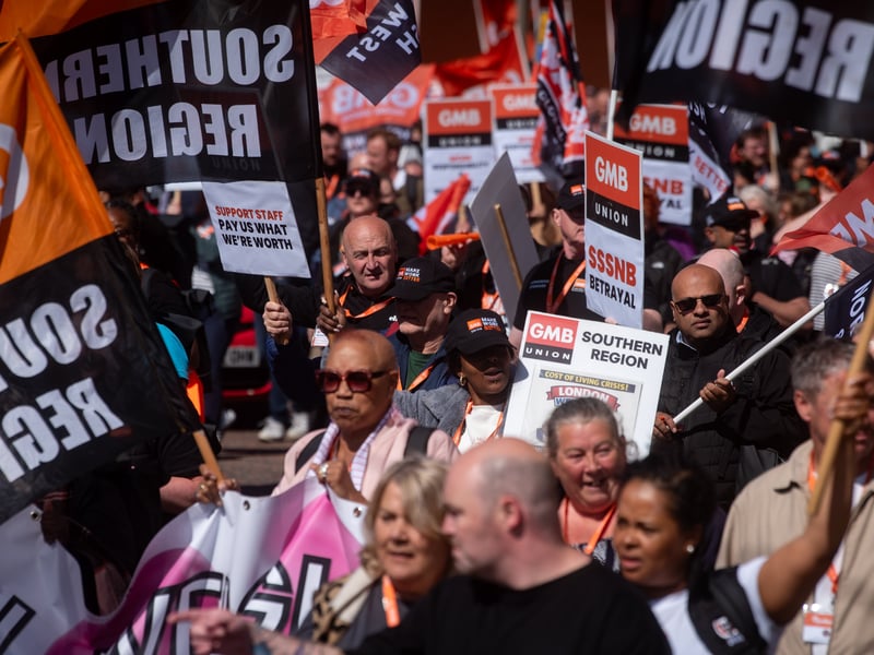GMB Union members march through Blackpool to demand improvements to the School Support Staff negotiating body from the Government