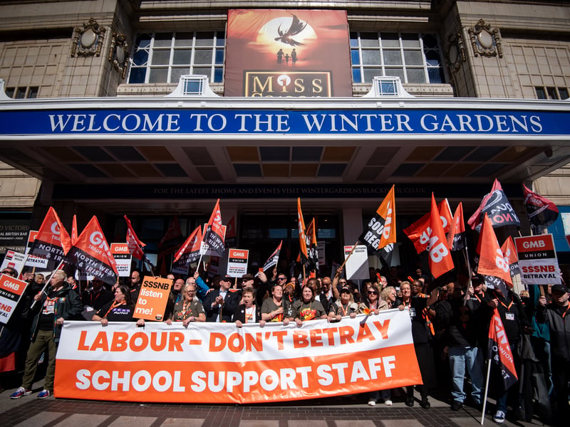 GMB Union members march through Blackpool to demand improvements to the School Support Staff negotiating body from the Government