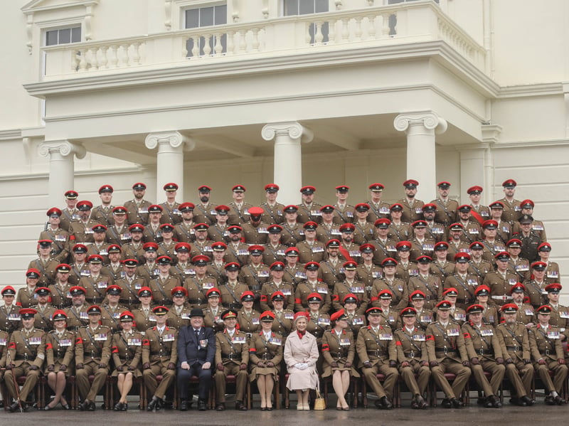 Pictured: Her Royal Highness The Duchess of Gloucester KG GCVO with Royal Military Police outside Southwick House.
