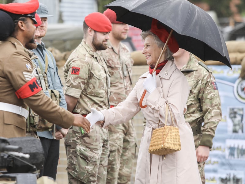 Pictured: Her Royal Highness The Duchess of Gloucester KG GCVO walking around some of the facilities in Southwick Park, and greeting serving Royal Military Police personnel.