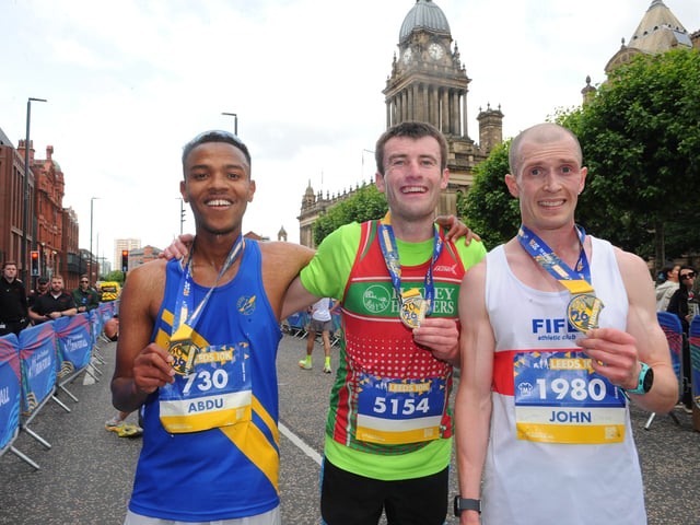 The first three men from left, Abdu Ahmed , second of Leeds City, Jack Cummings of Ilkley Harriers, first and Carter Taylor of Fife, third