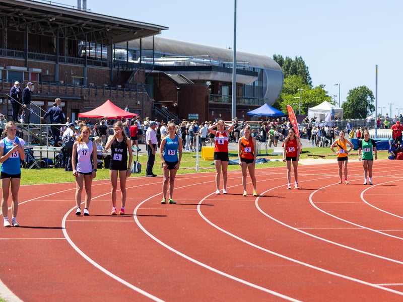 From left: Macie Hiller, Freya Biggs, Amber Price, Celeste Vickers, Erin Wilding, Bethany Hinshelwood, Abi Rowland, Amy Kilner-Smith, Neve Truscott and Phoebe Griffiths ahead of the Inter Girls 800 meter final.