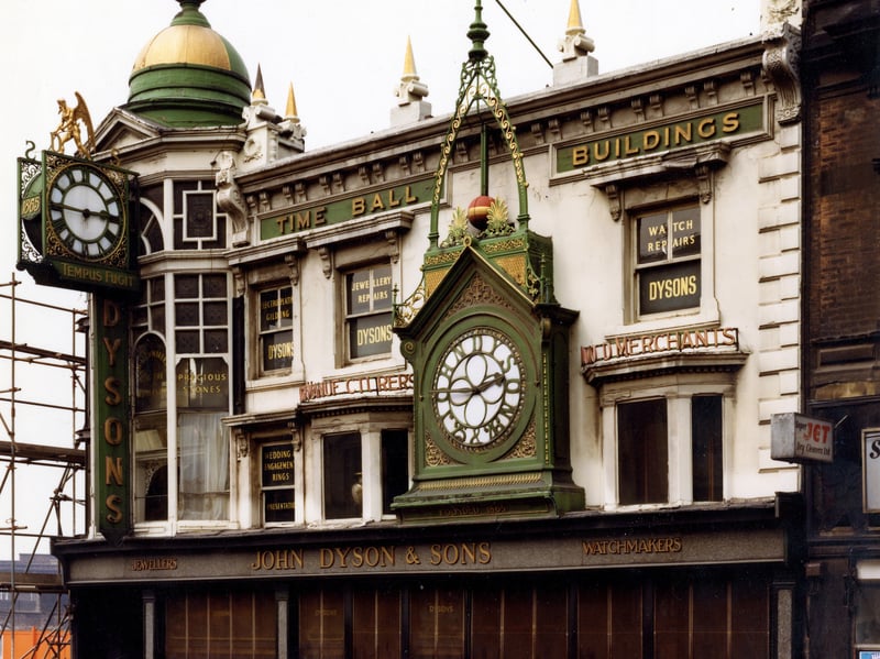 The grade II listed Time Ball Buildings at Numbers 24, 25 and 26 Briggate. Pictured in November 1979.
