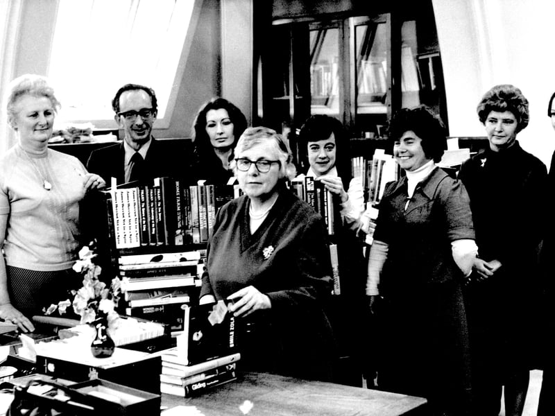 A photo from 1977 to mark the retirement of Mary Pedley, seen in the centre. Her brother Alan Pedley was a long serving member of Leeds City Council. This was taken in the Acquisitions department, where incoming new book stocks were processed. On the left is Marion Hartley, next Geoff Barrett, who was department manager. To the right of Miss Pedley is Barbara Hopper, then Maureen Hunter, then Josie Gooch.