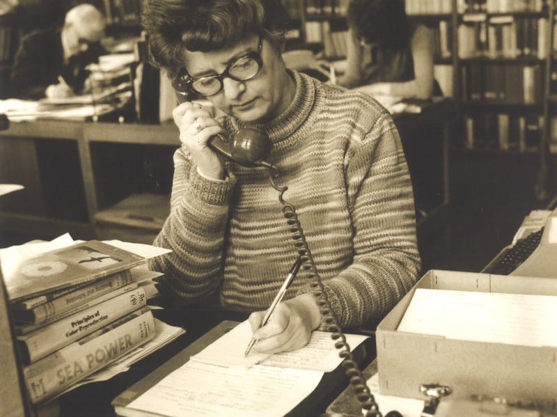 Library staff member Josie Gooch at her desk in the admin and book services department of Leeds Central Library.