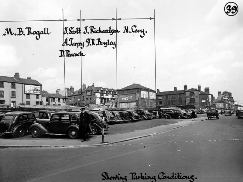 Looking north east from the corner of Woodhouse Lane and Merrion Street in June 1946. Houses at the rear are labelled (left to right) M.B. Rogall, J. Scott, A. Tarpey, D. Peacock, J. Richardson, F.R. Bensley and N. Levy. The photo is labelled "showing parking conditions".