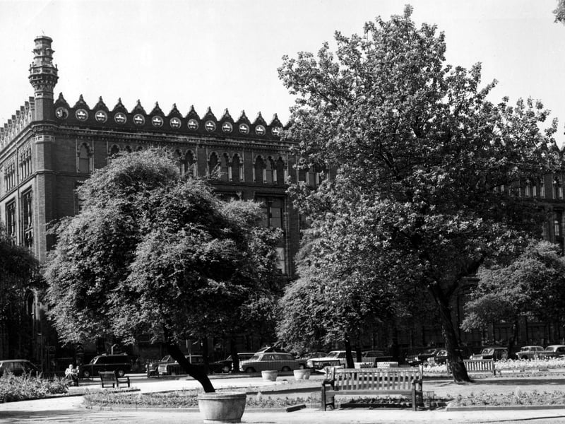 Park Square. John Barran's 'Moorish' warehouse in pictured in the background. John Barran was responsible for establishing Leeds as a centre for clothing manufacture and built the factory and showrooms in St Paul's Street in 1878.