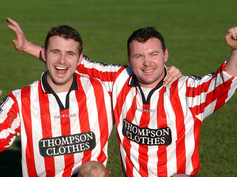 Happy Swarcliffe WMC goal scorers, Simon Danby (2) and Philip Watson in the Sunday League Division 1 win against Armley White Horse in January 2003. Swarcliffe WMC won 3-1.