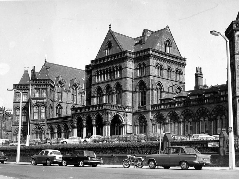 Leeds General Infirmary from across Great George Street. This is the original core of the hospital, designed by Sir Gilbert Scott, opened on May 22, 1869.