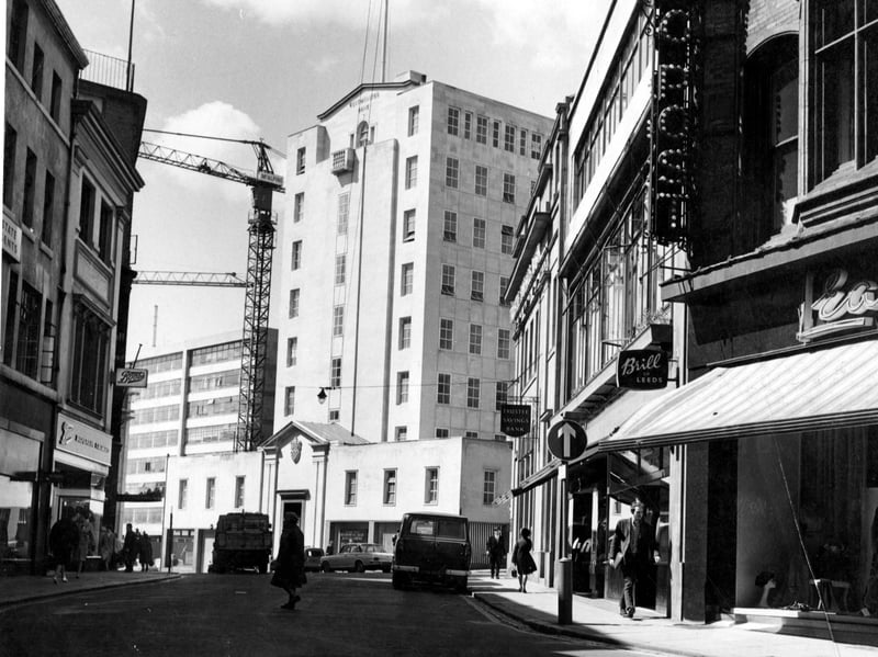 Looking west down Bond Street to Westminster Bank. Shops visible include Boots, TSB and Brill of Leeds. Some scaffolding can be seen on the Westminster Bank building.