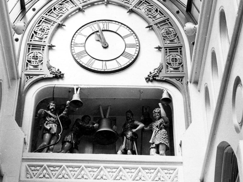 The Grand Arcade clock made by Potts of Leeds and designed by George Smith, showing figures from Ivanhoe by Walter Scott including Robin Hood and Friar Tuck.