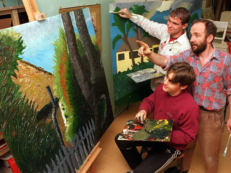 Artist in residence Jake Attage at Temple Newsam High School working on a project. Pictured, back to front, are Mark Miller, Jake Attage and Martin Barker.
