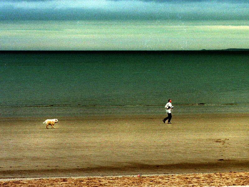 A jogger and his fathful companion on Portobello Beach in March 2000.