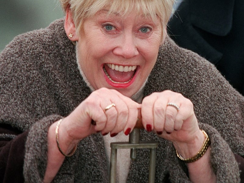Actress Liz Dawn sets off the demolition of Farndale Court and Brayton Grange in March 2001.