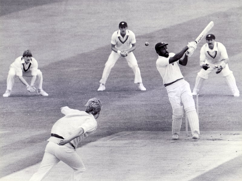 Somerset's Viv Richards strikes at a ball from Dennis, to be caught in the slips by Athey, during a match against Yorkshire on August 1, 1981