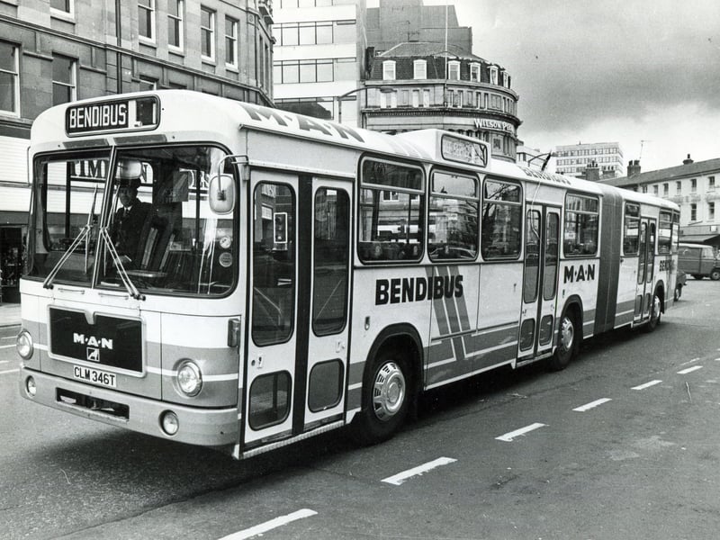 A Bendibus on Pinstone Street, Sheffield, in 1981