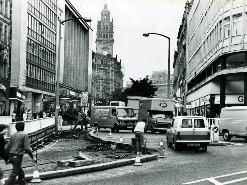 Fargate, Sheffield city centre, during redevelopment work in October 1981