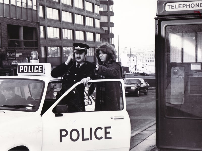 One of the police cars fitted with new VHF radio equipment, enabling contact to be maintained with the operations room over a wide area, in Sheffield in 1981