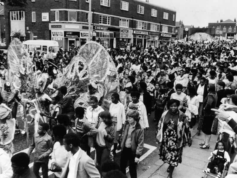 The West Indian Carnival in full flow down Chapletown Road, Leeds, in August 1981