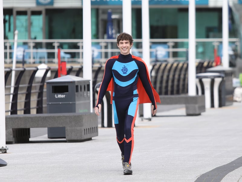 Blue Peter presenter Joel Mawhinney dressed as a superhero at Gunwharf 
