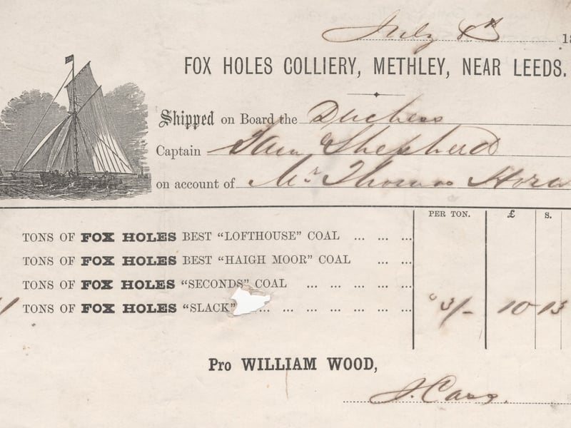 A bill from Fox Holes Colliery, Methley, to Thomas Horn of Thwaite Mills in July 1870. Most of the materials delivered to Thwaite were delivered by sailing barges on the Aire and Calder Navigation. In this case the 'Duchess' was delivering coal.
