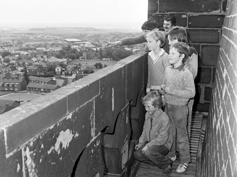 Youngsters take in the view from the Ossett Parish Church Bell Tower, upon its opening in July 1981