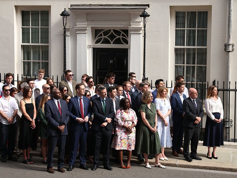 Ministerial staff and Victoria Starmer gather as Prime Minister Keir Starmer announces his resignation as UK Prime Minister and Leader of the Labour Party.