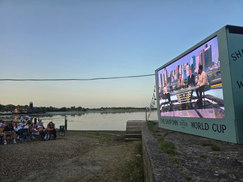 The big screen at the Ship Inn at Langstone before the England-Ghana World Cup group game on June 23, 2026
