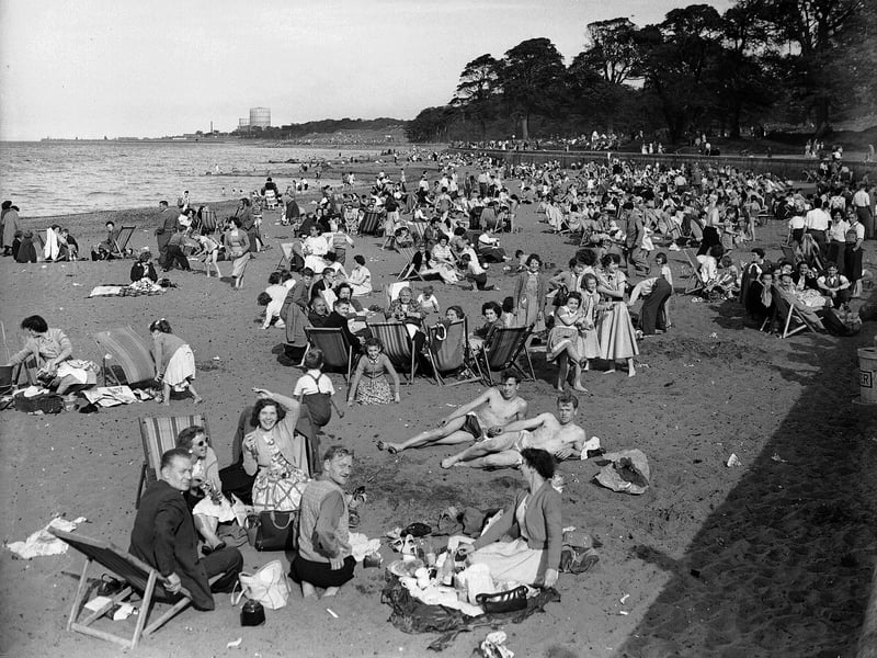 Holidaymakers at Cramond Beach in July 1955.