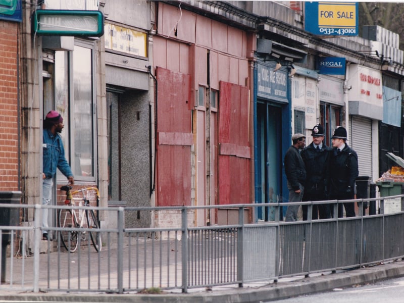 Street cred in March 1994. Police, who are part of the Community Project Team at Chapeltown Police Station , talk to local residents on Chapeltown Road.