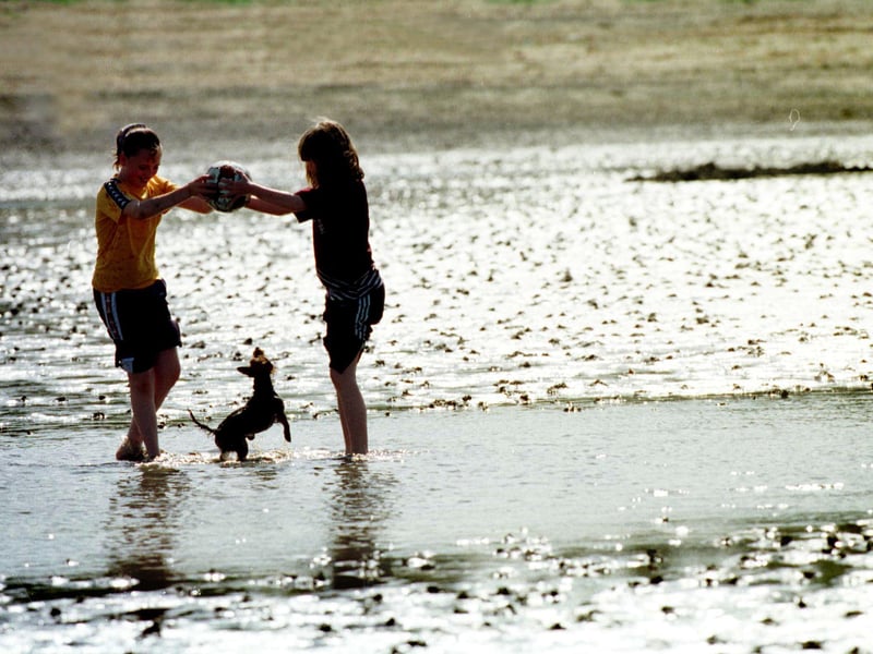 Two children with their dog playing in the sun on Cramond Beach in July 1999.