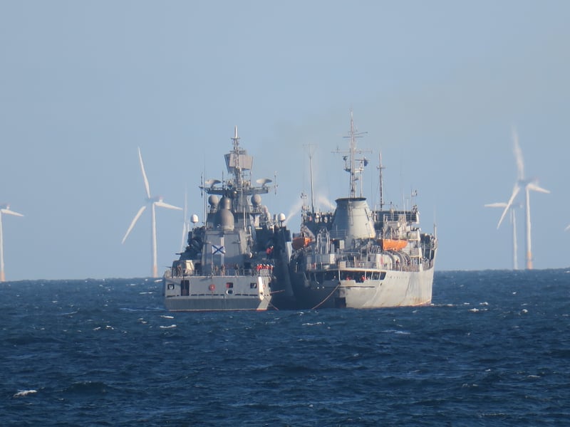 RFN Admiral Grigorovich rafting up alongside a Russian supply ship off the coast of Suffolk, monitored by the Royal Navy.