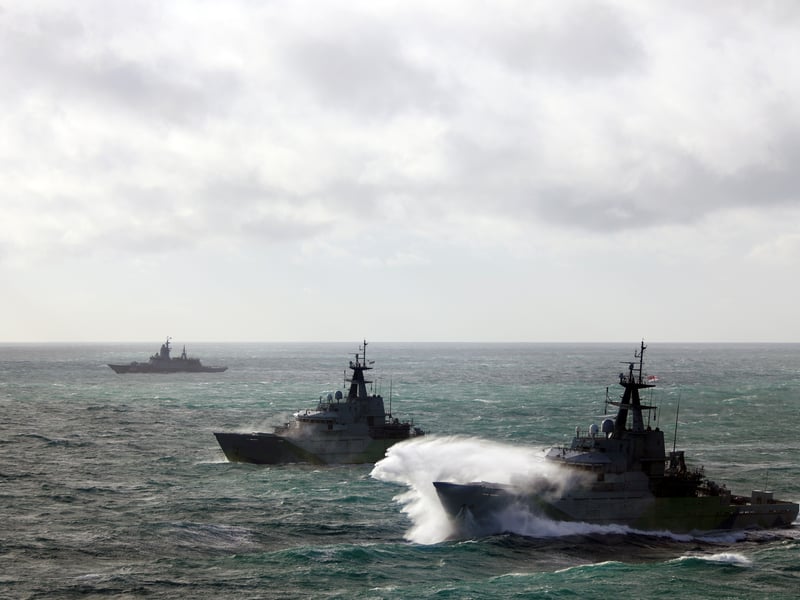Portsmouth-based patrol ships HMS Mersey and HMS Severn were dispatched alongside a Wildcat helicopter from 815 Naval Air Squadron to intercept Russian corvette Boikiy and accompanying oil tanker MT General Skobelev as they sailed towards the North Sea.