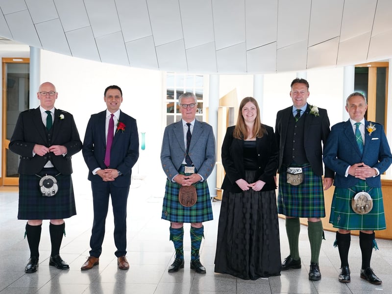 (Left-right) First Minister and SNP leader John Swinney, Scottish Labour leader Anas Sarwar, Reform UK Scotland leader Malcolm Offord, Scottish Green Party co-leader Gillian Mackay, Scottish Conservatives leader Russell Findlay and Scottish Liberal Democrat leader Alex Cole-Hamilton in the Garden Lobby ahead of the opening of the seventh session of the Scottish Parliament in Edinburgh.