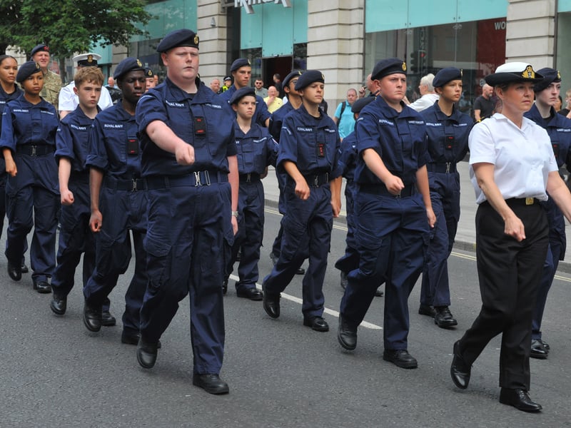 Royal Navy cadets march through the city centre.
