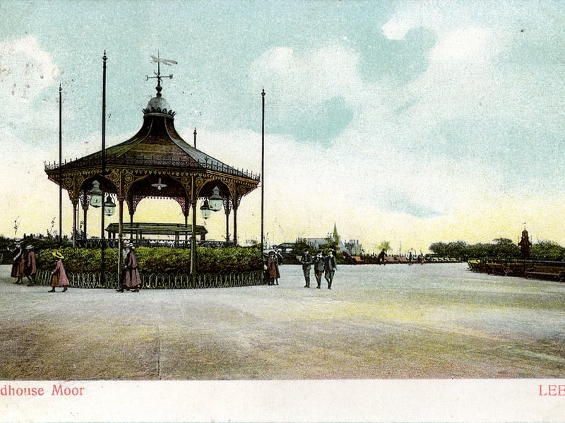 Colour-tinted postcard of Woodhouse Moor showing the Bandstand on the left. This was presented to the park by Alderman William North, who also donated the stone drinking fountain. A postal date of October 31, 1905, is stamped on the back.