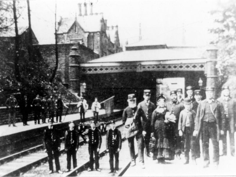 Apperley Bridge and Rawdon Station on the Leeds and Bradford Midland Railway line. It opened in July 1846 and closed on March 22, 1965. Station staff are lined up outside